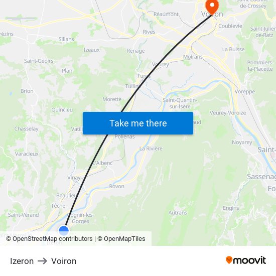 Izeron to Voiron map