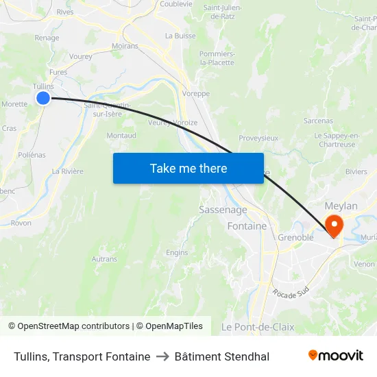Tullins, Transport Fontaine to Bâtiment Stendhal map