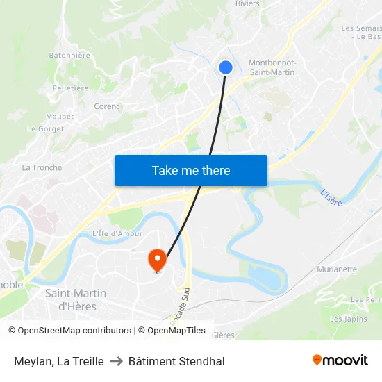 Meylan, La Treille to Bâtiment Stendhal map