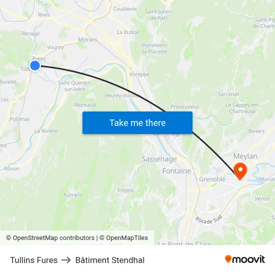 Tullins Fures to Bâtiment Stendhal map