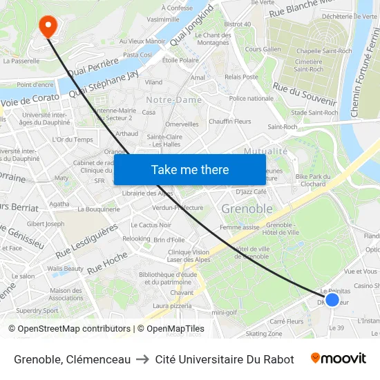 Grenoble, Clémenceau to Cité Universitaire Du Rabot map
