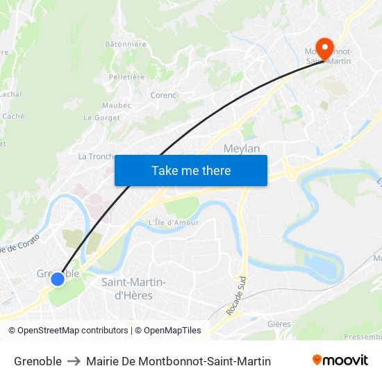 Grenoble to Mairie De Montbonnot-Saint-Martin map