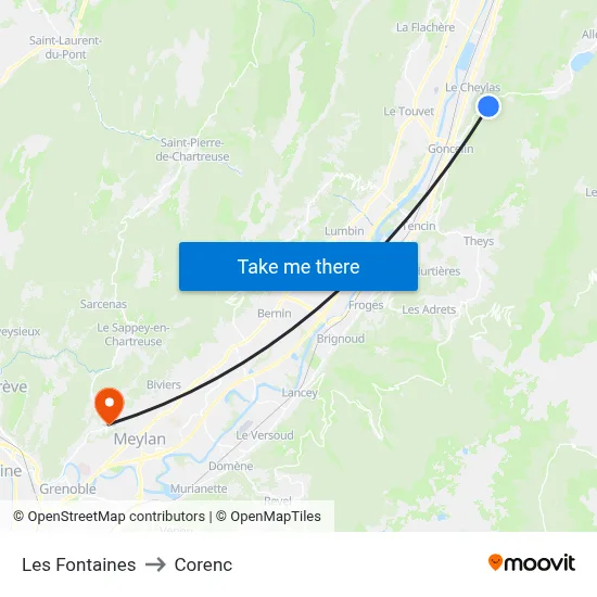 Les Fontaines to Corenc map