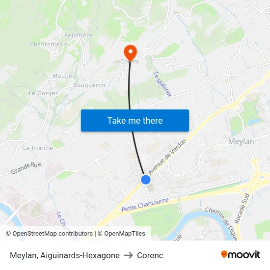 Meylan, Aiguinards-Hexagone to Corenc map