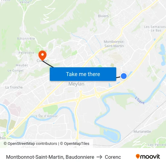Montbonnot-Saint-Martin, Baudonniere to Corenc map