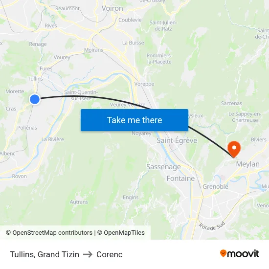 Tullins, Grand Tizin to Corenc map