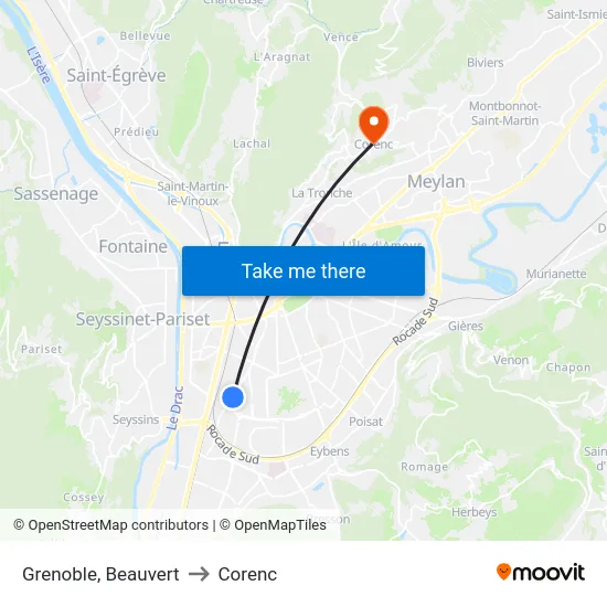 Grenoble, Beauvert to Corenc map