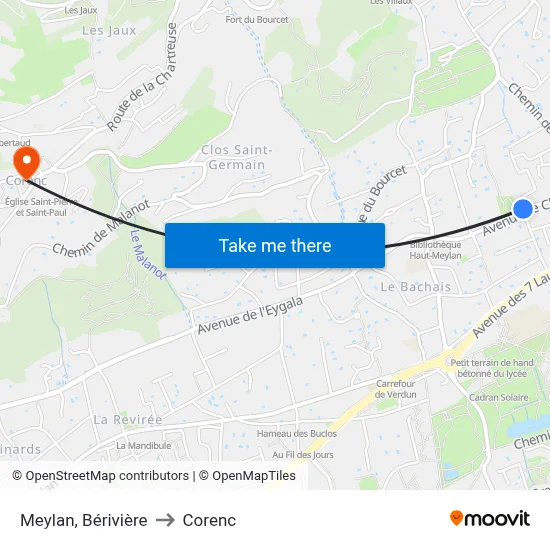 Meylan, Bérivière to Corenc map