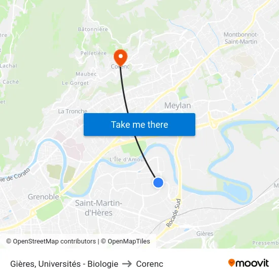 Gières, Universités - Biologie to Corenc map