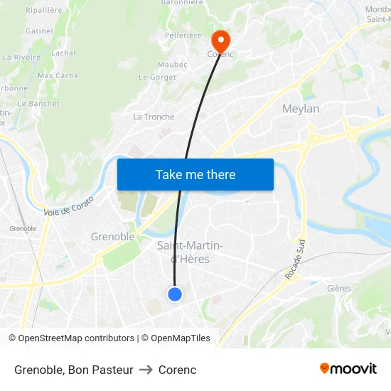 Grenoble, Bon Pasteur to Corenc map
