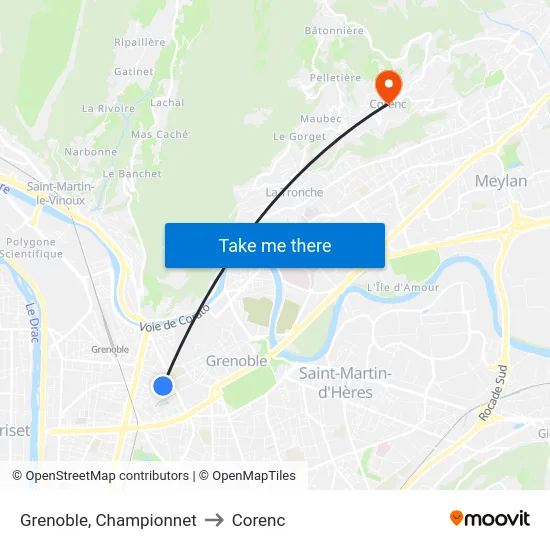Grenoble, Championnet to Corenc map
