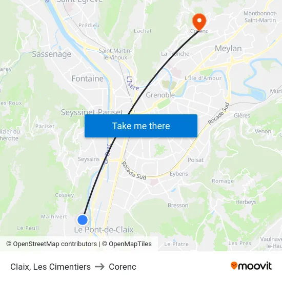 Claix, Les Cimentiers to Corenc map