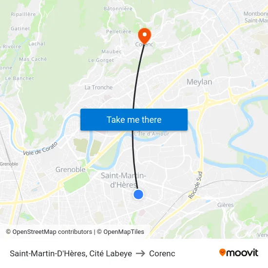Saint-Martin-D'Hères, Cité Labeye to Corenc map