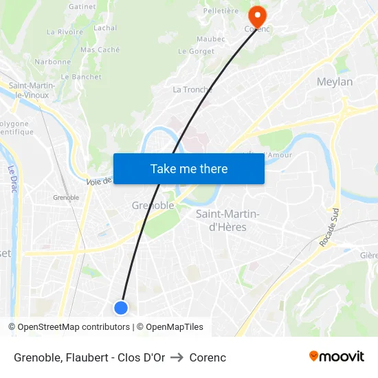 Grenoble, Flaubert - Clos D'Or to Corenc map