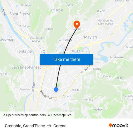 Grenoble, Grand'Place to Corenc map