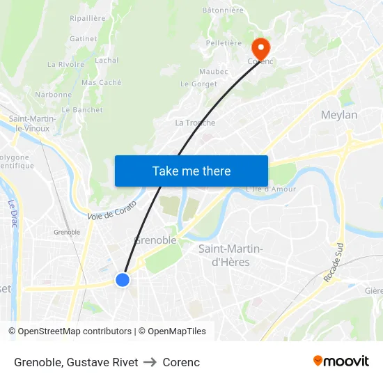 Grenoble, Gustave Rivet to Corenc map