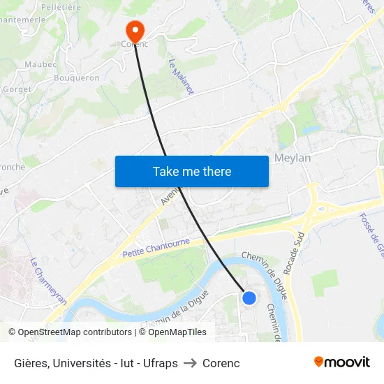 Gières, Universités - Iut - Ufraps to Corenc map