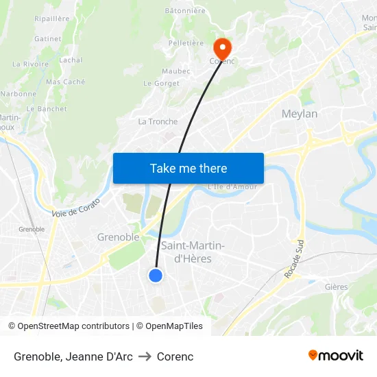Grenoble, Jeanne D'Arc to Corenc map