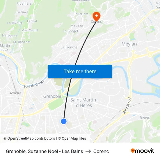 Grenoble, Suzanne Noël - Les Bains to Corenc map