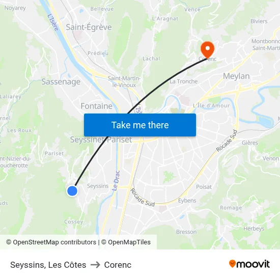 Seyssins, Les Côtes to Corenc map