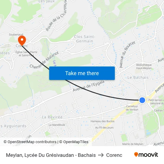 Meylan, Lycée Du Grésivaudan - Bachais to Corenc map