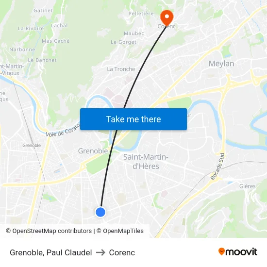 Grenoble, Paul Claudel to Corenc map