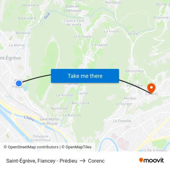 Saint-Égrève, Fiancey - Prédieu to Corenc map