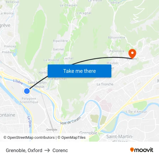 Grenoble, Oxford to Corenc map