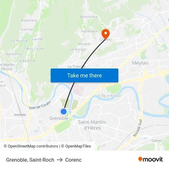 Grenoble, Saint-Roch to Corenc map