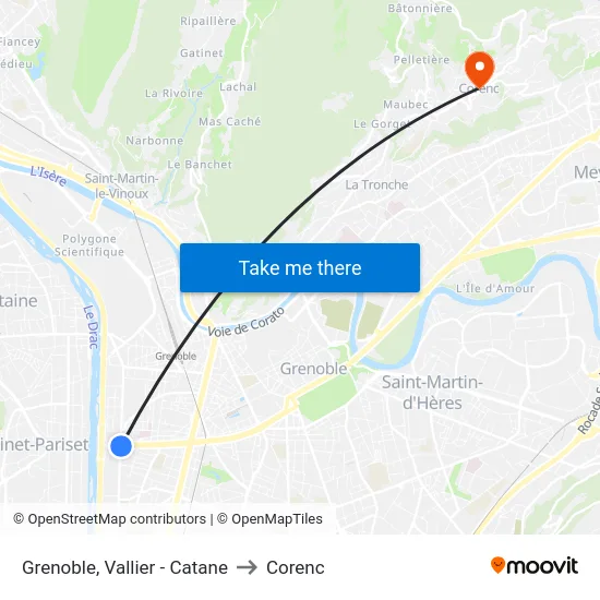 Grenoble, Vallier - Catane to Corenc map