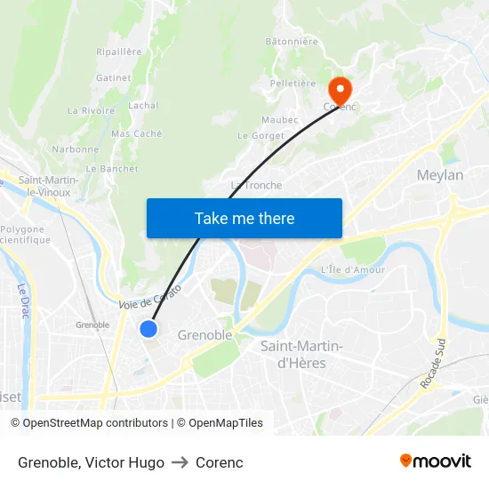 Grenoble, Victor Hugo to Corenc map