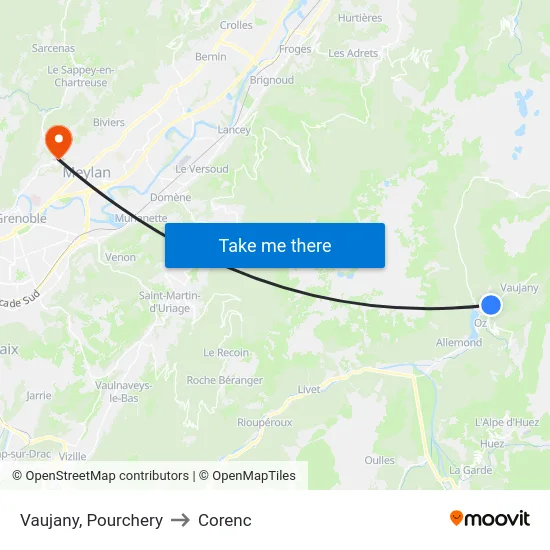 Vaujany, Pourchery to Corenc map