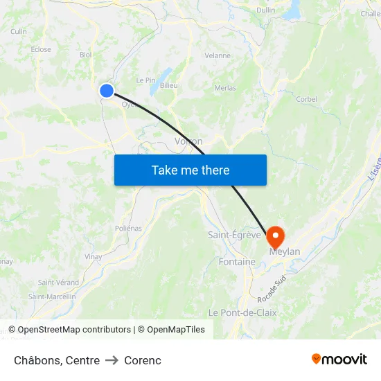Châbons, Centre to Corenc map
