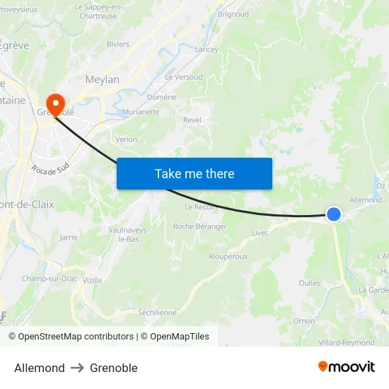 Allemond to Grenoble map