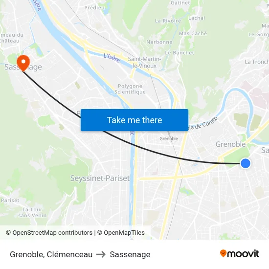 Grenoble, Clémenceau to Sassenage map