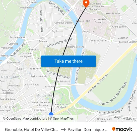 Grenoble, Hotel De Ville-Chanrion to Pavillon Dominique Villars map