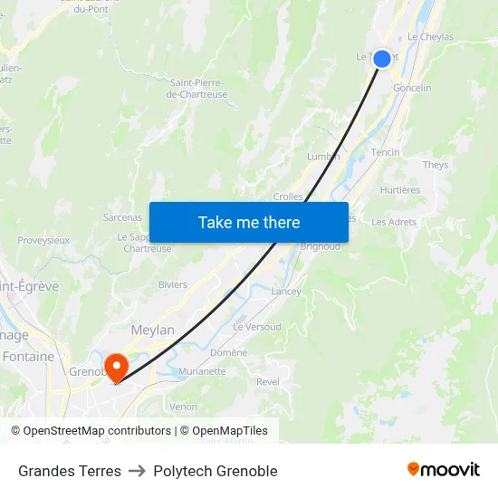 Grandes Terres to Polytech Grenoble map