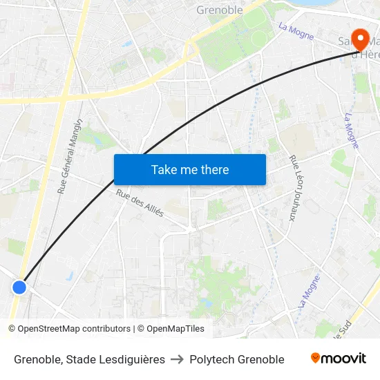 Grenoble, Stade Lesdiguières to Polytech Grenoble map
