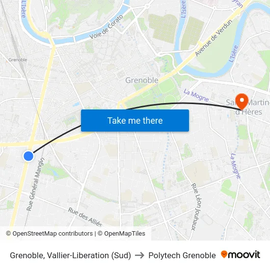 Grenoble, Vallier-Liberation (Sud) to Polytech Grenoble map