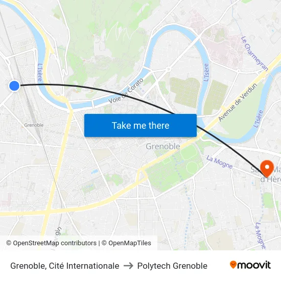 Grenoble, Cité Internationale to Polytech Grenoble map