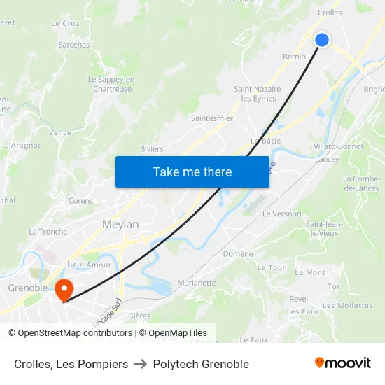 Crolles, Les Pompiers to Polytech Grenoble map