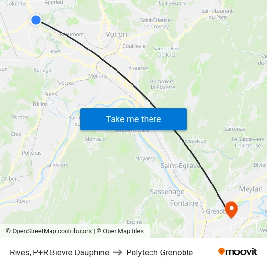 Rives, P+R Bievre Dauphine to Polytech Grenoble map