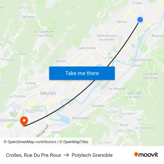 Crolles, Rue Du Pre Roux to Polytech Grenoble map