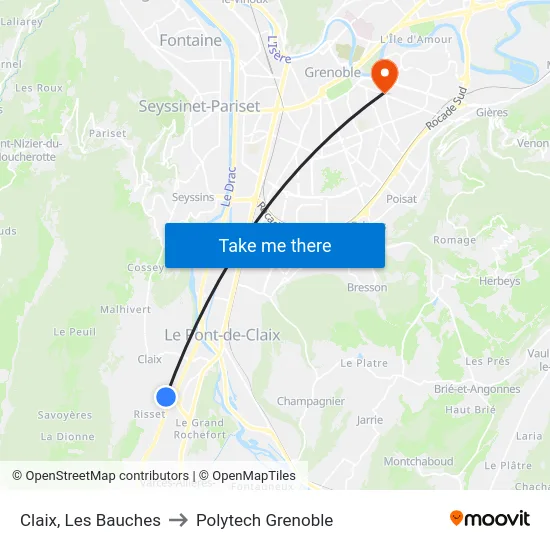 Claix, Les Bauches to Polytech Grenoble map