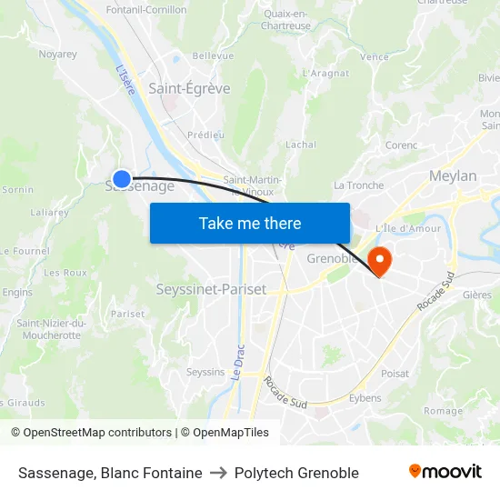 Sassenage, Blanc Fontaine to Polytech Grenoble map