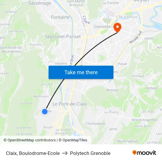 Claix, Boulodrome-Ecole to Polytech Grenoble map