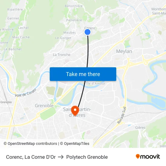 Corenc, La Corne D'Or to Polytech Grenoble map
