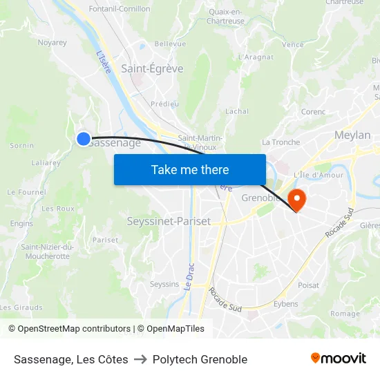 Sassenage, Les Côtes to Polytech Grenoble map