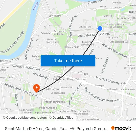 Saint-Martin-D'Hères, Gabriel Fauré to Polytech Grenoble map