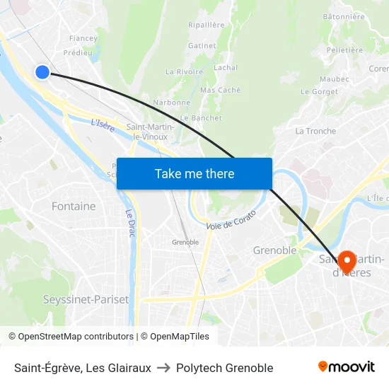 Saint-Égrève, Les Glairaux to Polytech Grenoble map